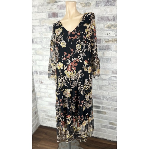"Reba" Women's Boho Hippie Black Embroidered Floral  Lace Lined Dress Sz 16‎ - Picture 1 of 12